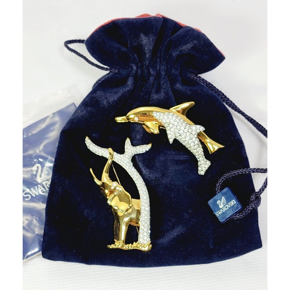 Swarovski Crystal Set of 2 Brooch Pins Mother w/ Baby Dolphins & Elephant w/Tree